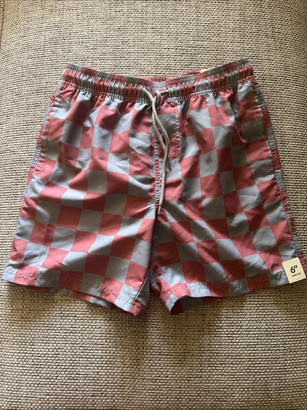 No Boundaries Coral & Light Gray Checker Swim Trunks